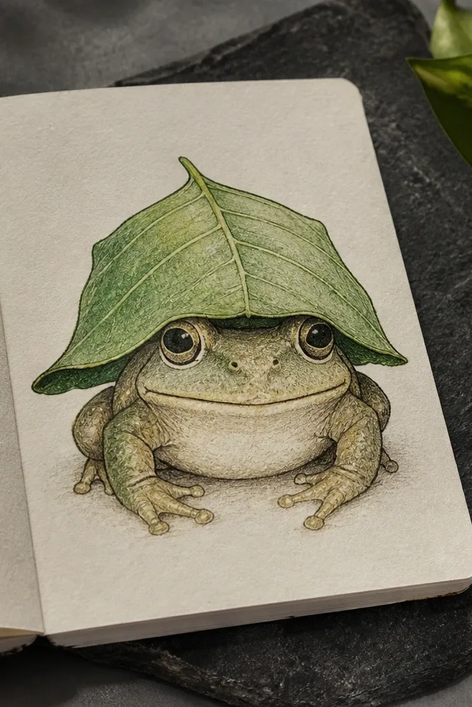 A frog wearing a leaf hat on its head with visible veins.