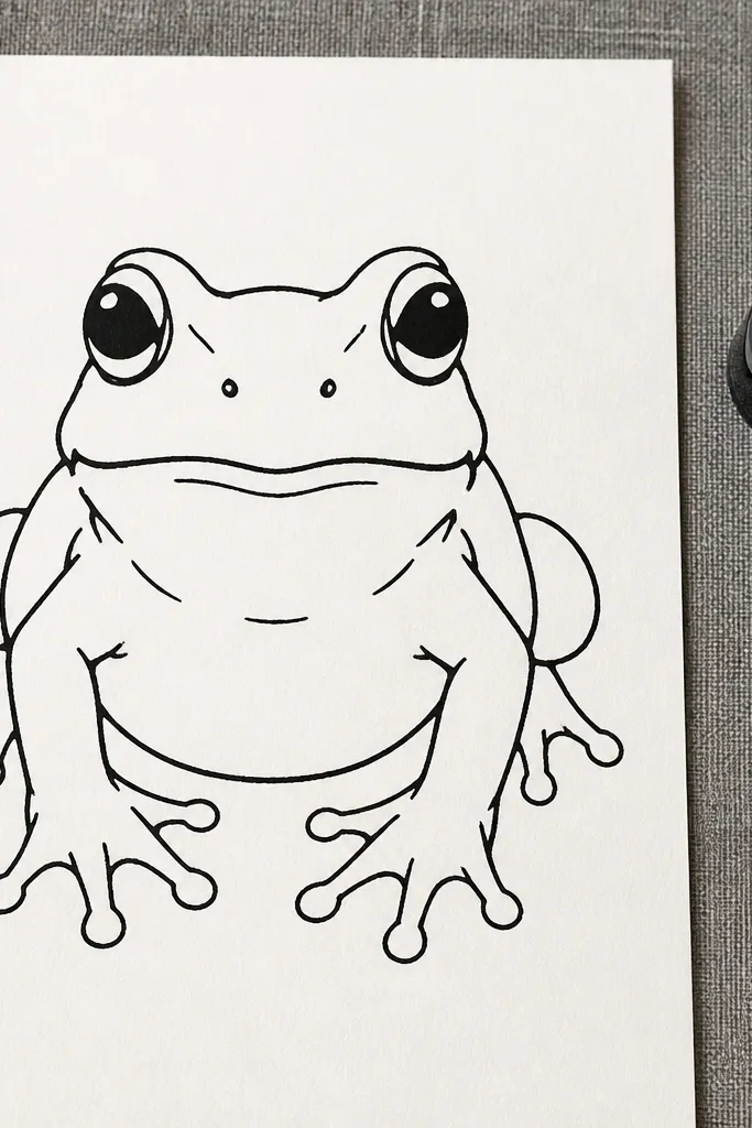 Front-facing frog with bold ink line and dark eye areas