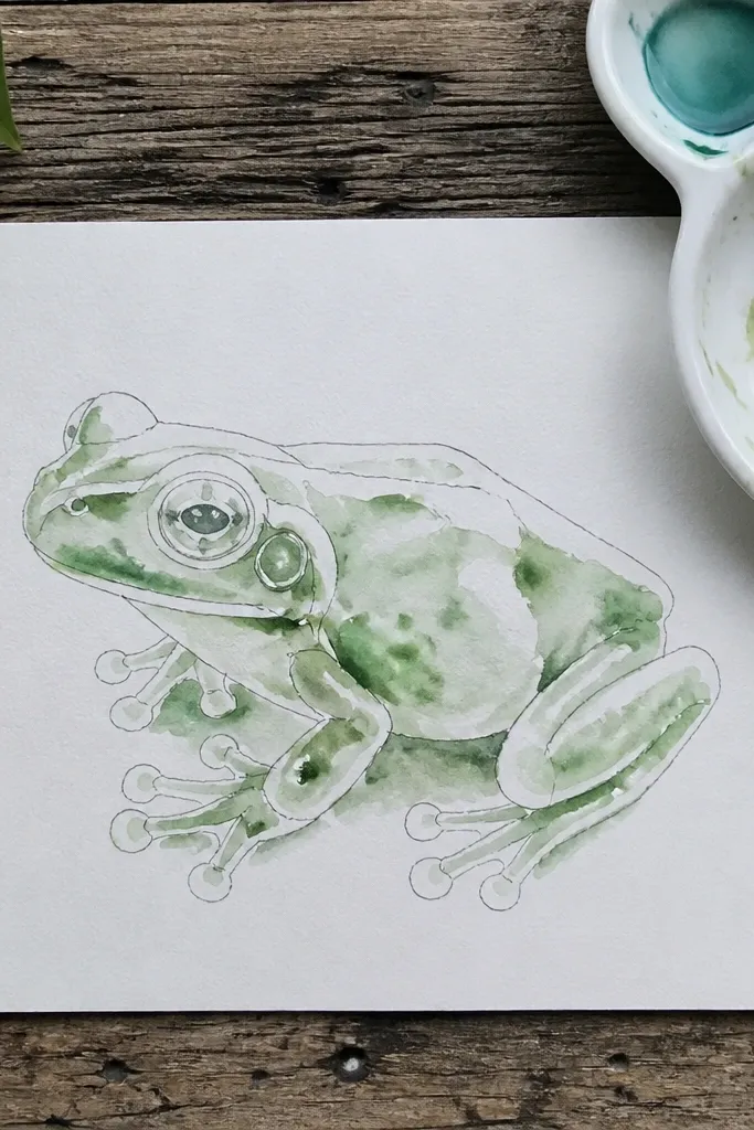 Frog sketch with light watercolor wash and clean white outline