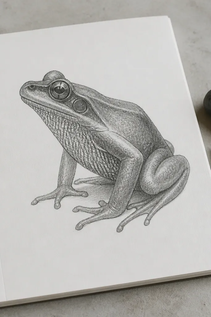 Frog sketch with crosshatch shading under the belly