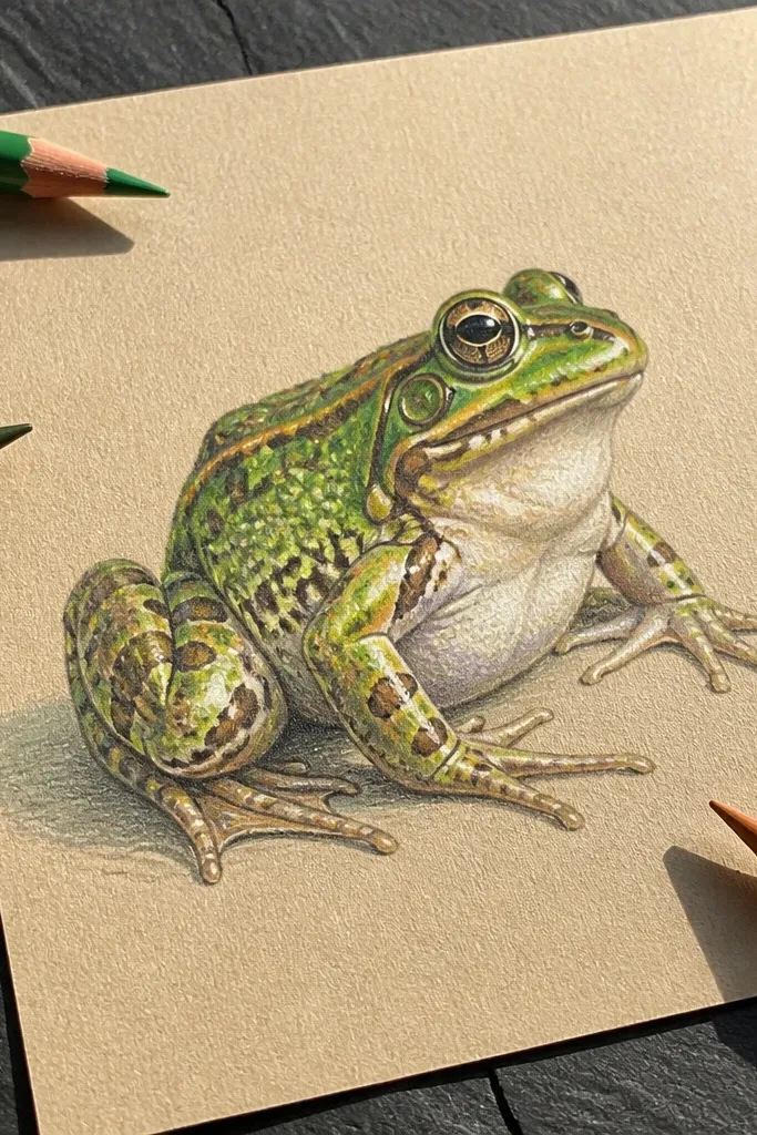 Frog colored with colored pencils on textured paper, bright highlights