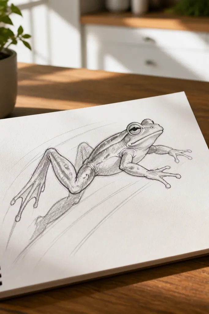 Frog mid-leap sketch with motion lines around the legs