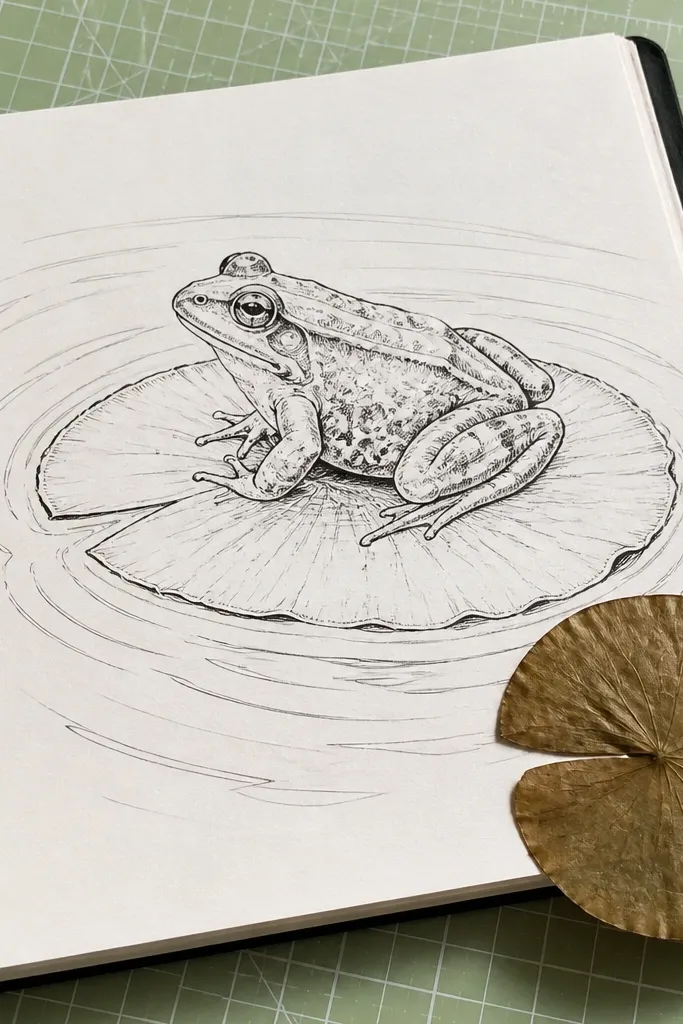 Frog on a lily pad with white negative space water ripples