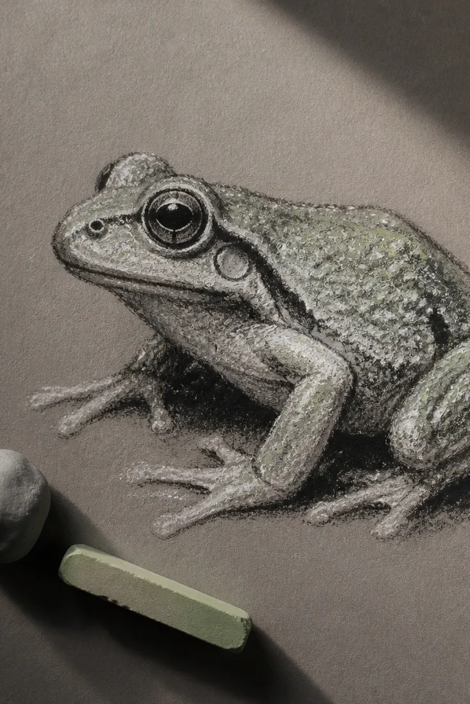 Chalk pastel frog with smudgy soft edges and darker eye spots