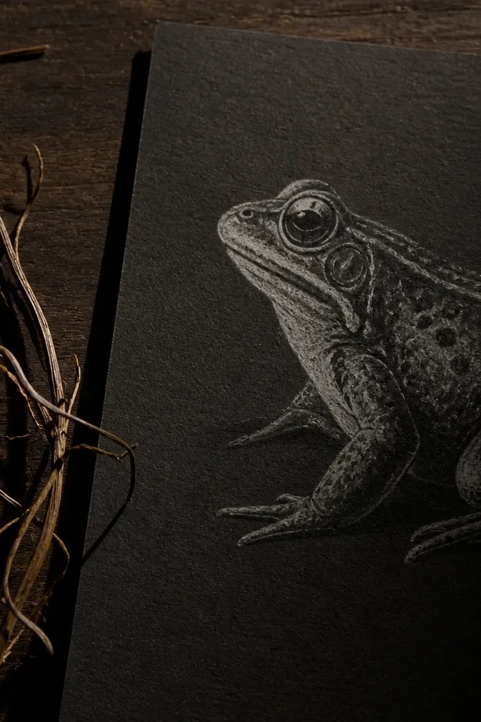 Charcoal frog with thin rim shadow lines around body edges