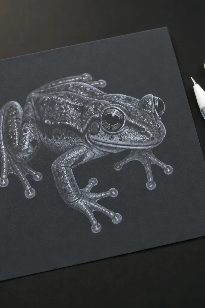 Frog drawn on dark paper with white highlights using a gel pen