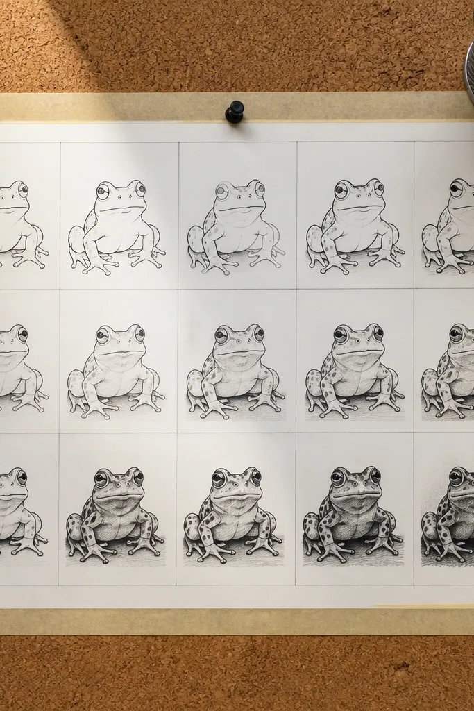 Grid of small frog sketches sharing the same pose with varied line styles