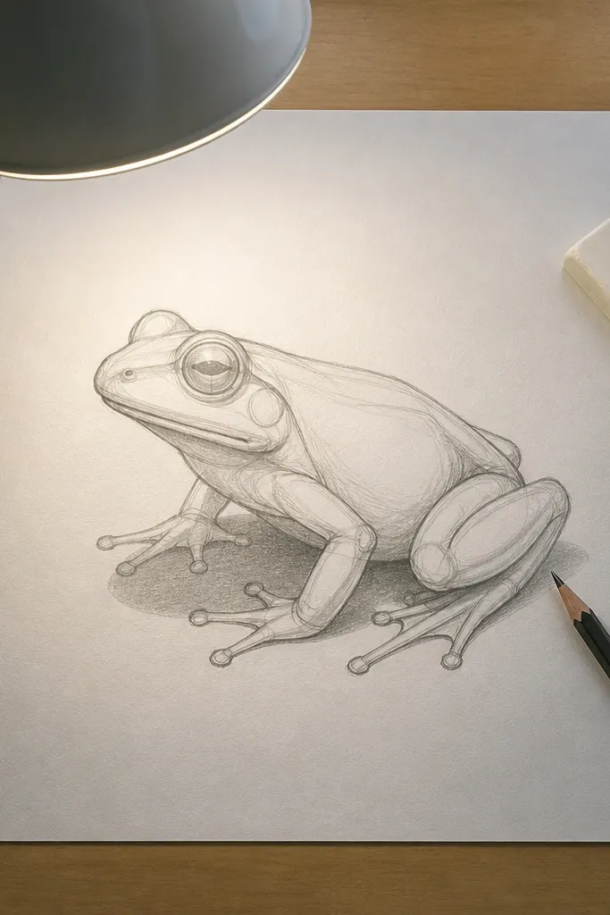 Frog with overhead lighting and a crisp arc shadow under the belly