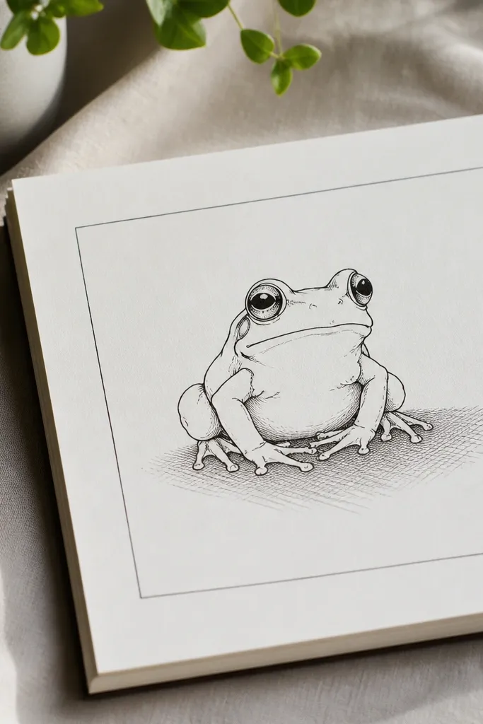 Frog inside a simple border with textured ground under its feet