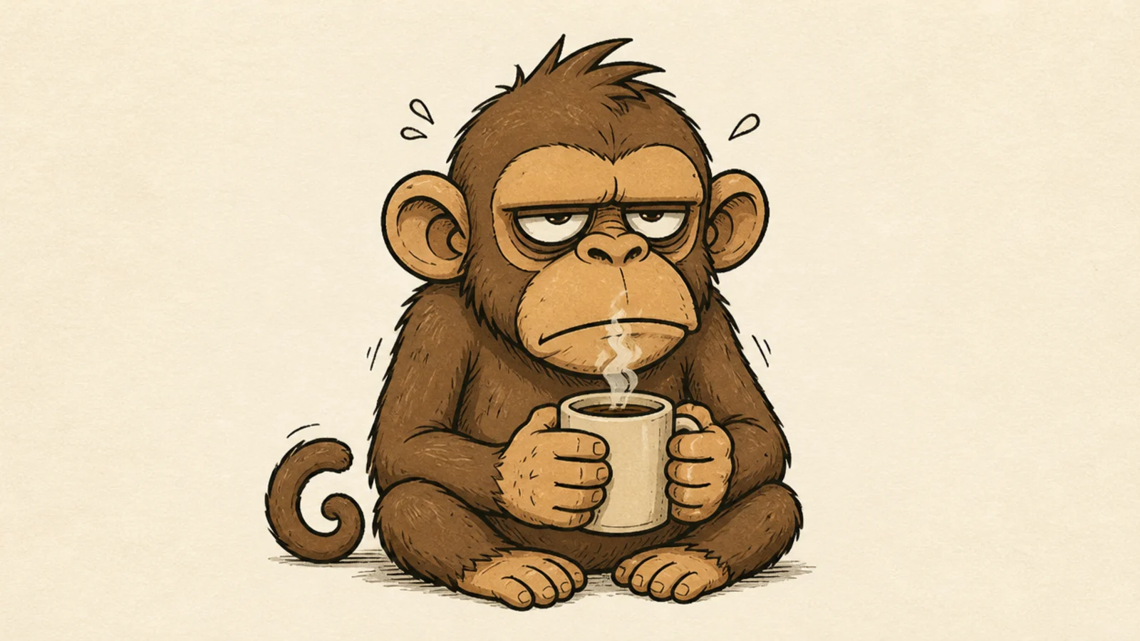 A grumpy monkey clutching a coffee mug with tired eyes