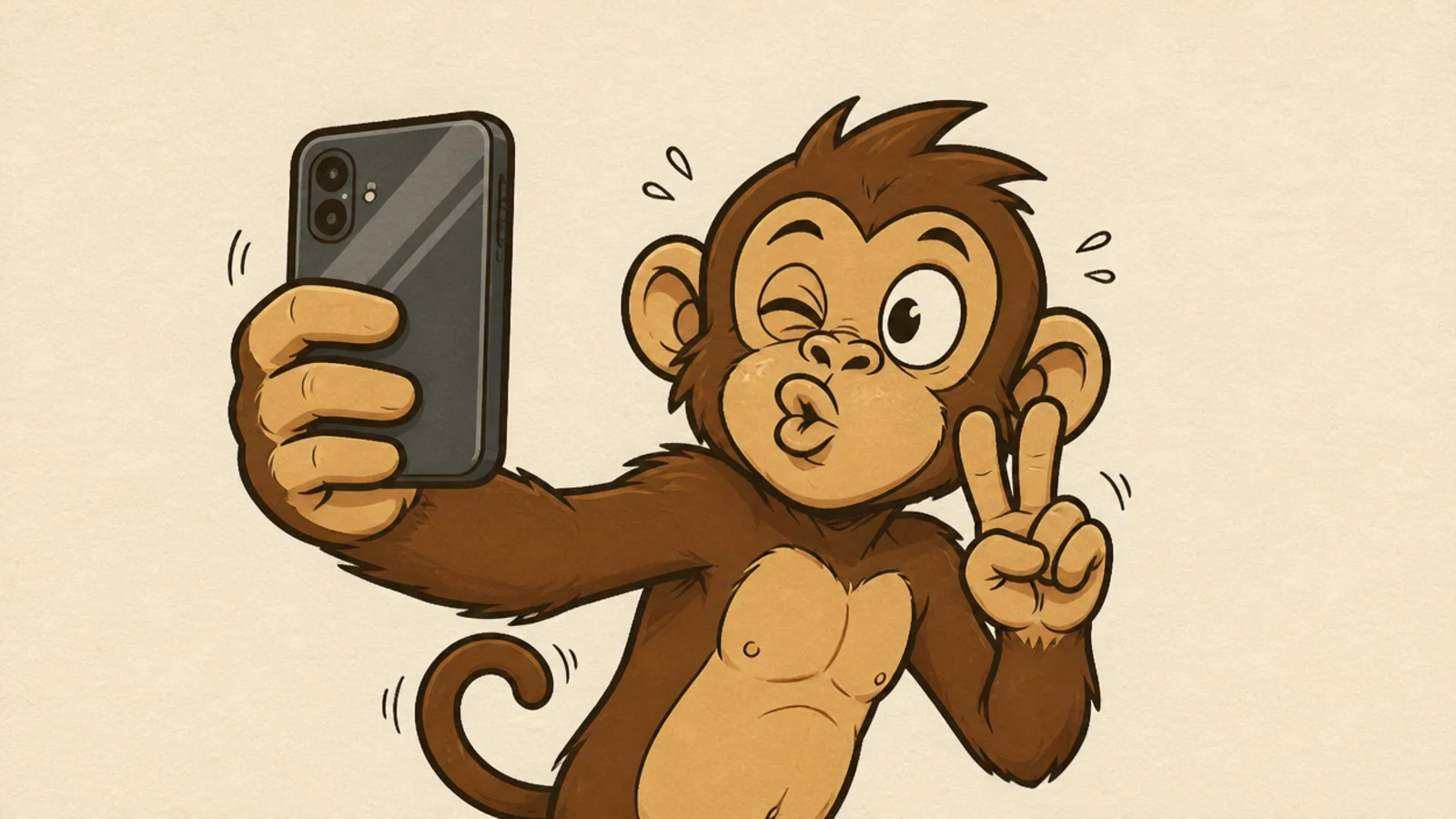 A monkey taking a selfie with a phone and a duck-face pout