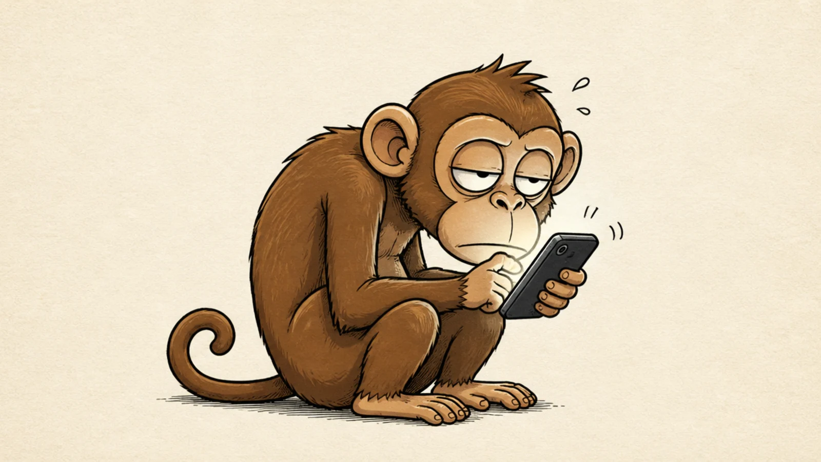 A monkey slouched scrolling endlessly on a phone