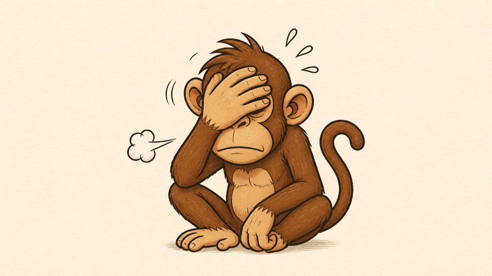 A monkey with its palm slapped over its face in exasperation