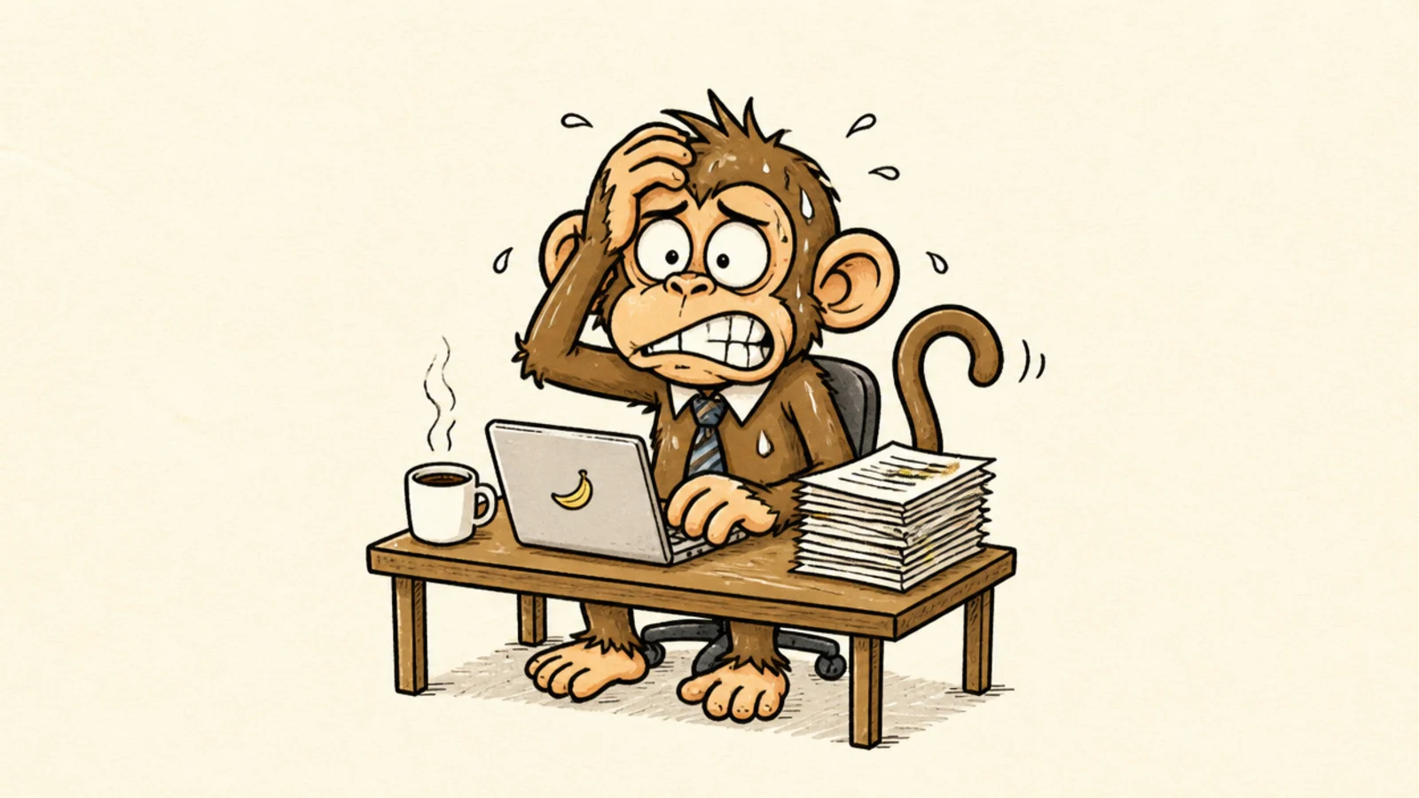 A monkey in a business tie looking stressed at a tiny desk