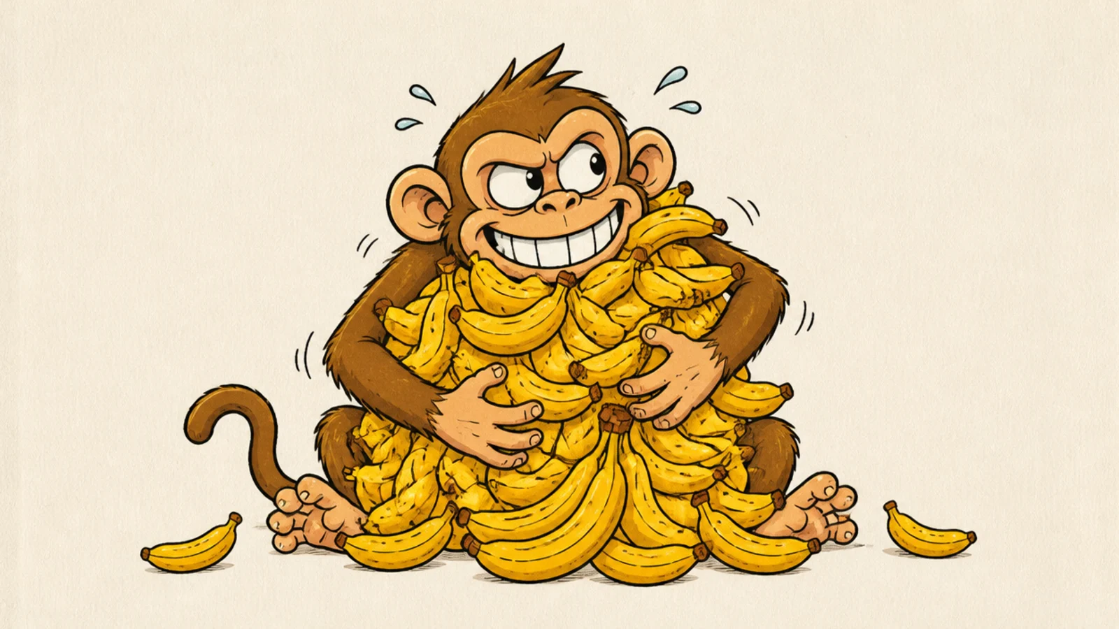A monkey hugging a huge pile of bananas greedily