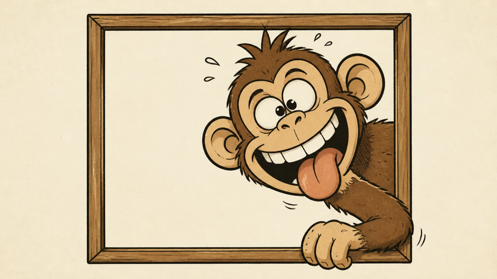 A monkey popping into the edge of a photo frame making a face