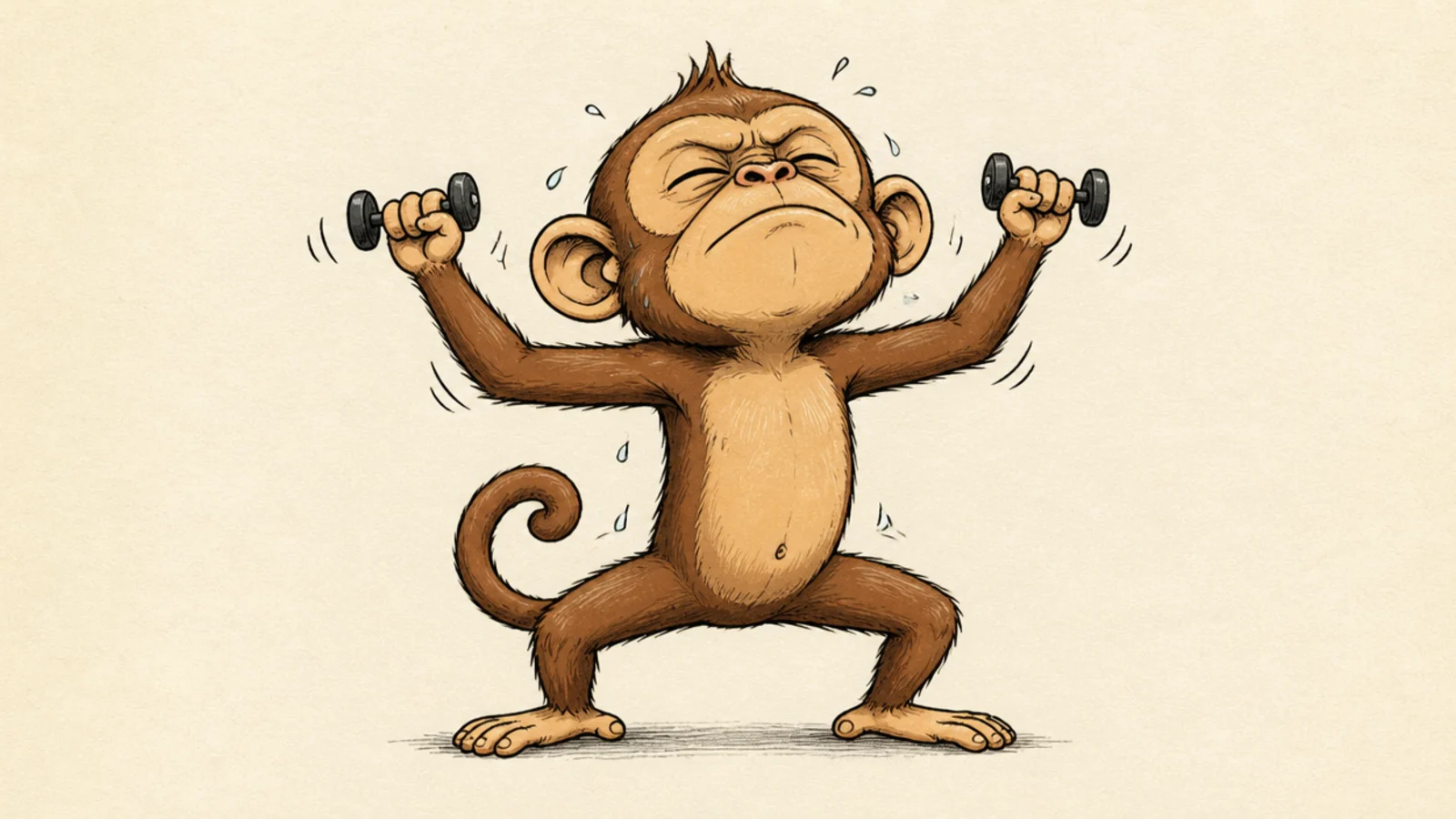 A muscular-posing monkey lifting comically tiny dumbbells