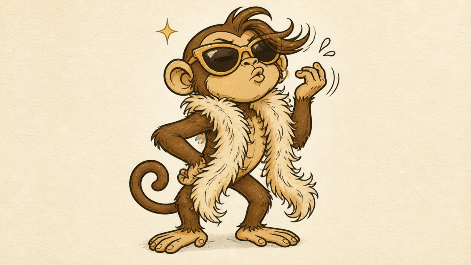 A monkey posing fabulously in big sunglasses and a feather boa