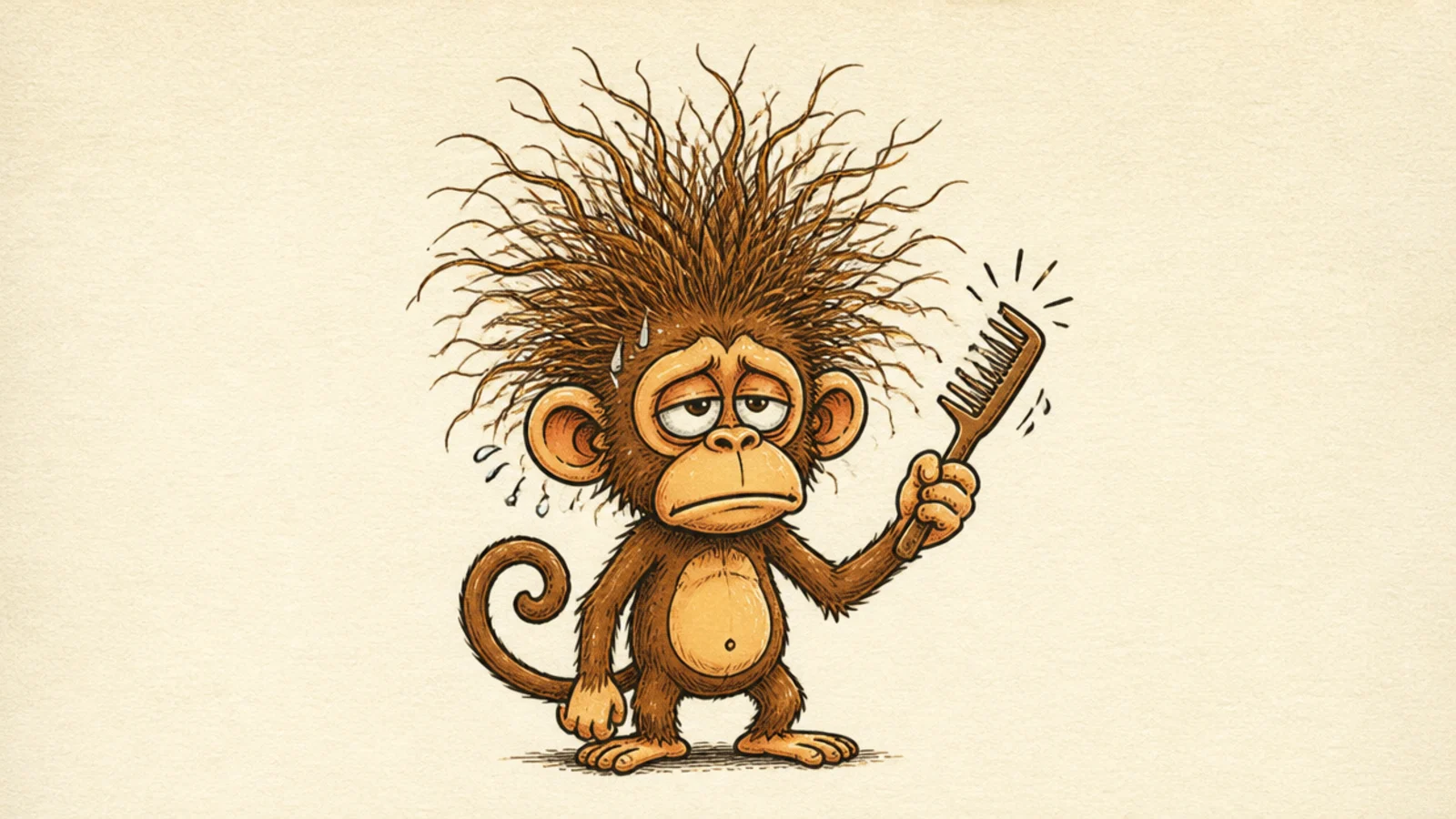 A monkey with wild frizzy hair looking dismayed