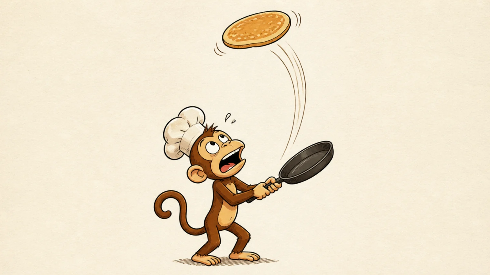 A monkey in a chef hat flipping a pancake too high