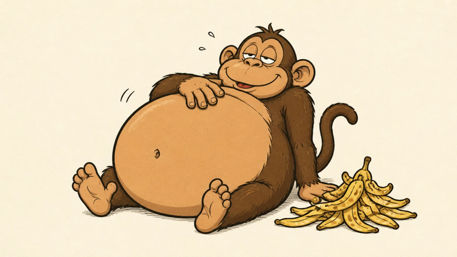 A monkey with a hugely stuffed belly slumped after eating