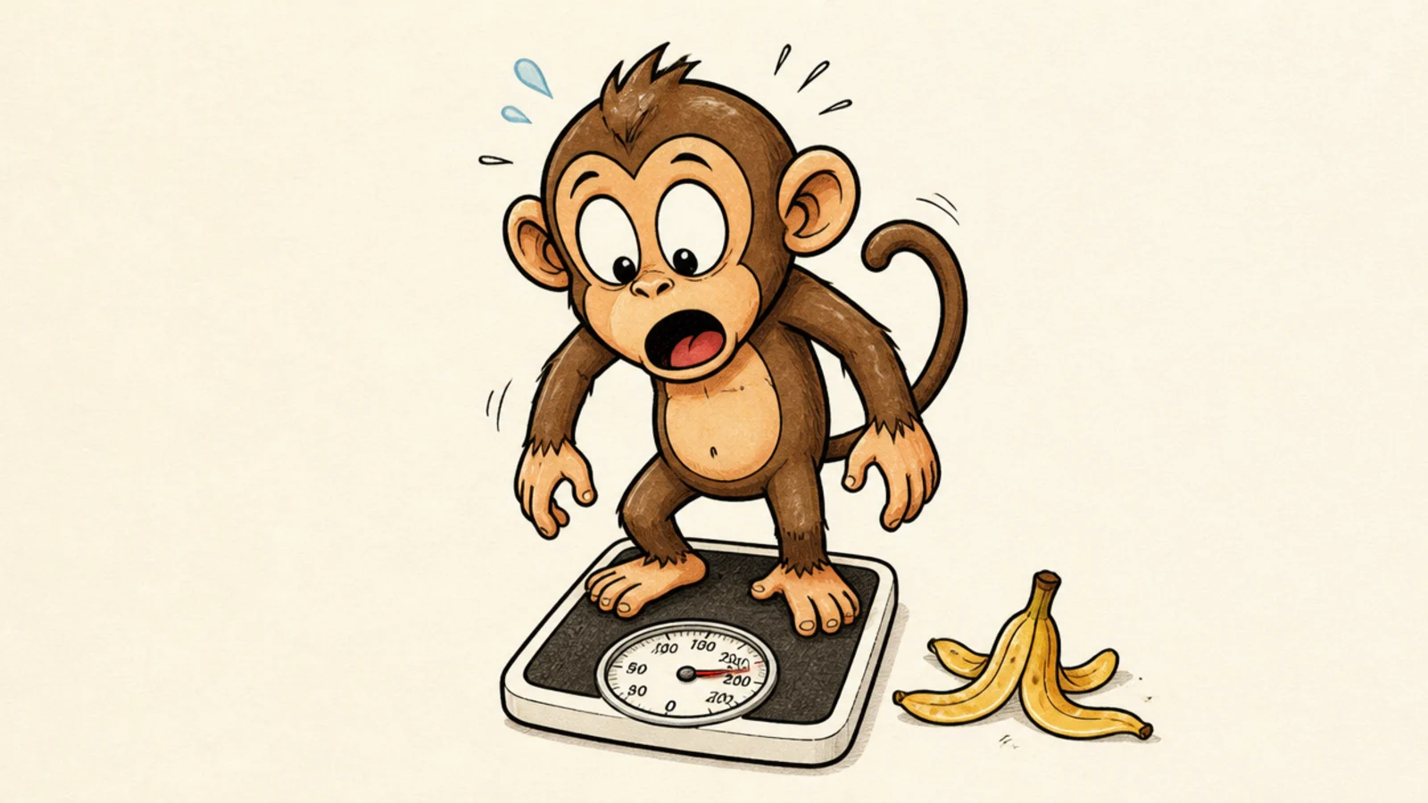 A monkey looking down at a bathroom scale in shock