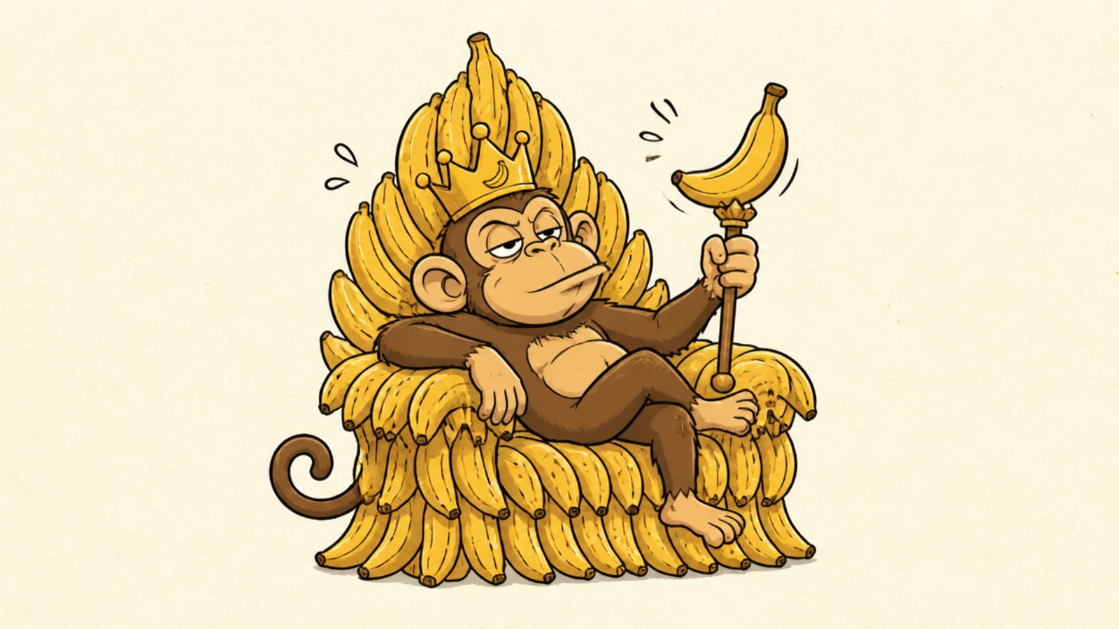 A monkey lounging like a king on a throne made of bananas