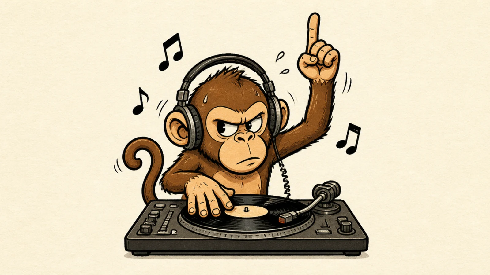 A monkey DJing at a turntable with big headphones