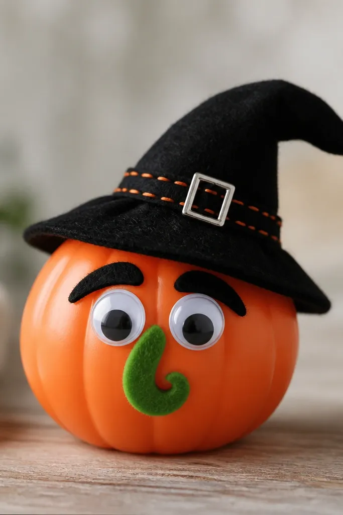 A small orange plastic pumpkin with a black felt witch hat tilted to one side. Two big googly eyes sit high on the face, with thick black felt eyebrows and a curled green felt nose. The hat has a stitched band and a tiny silver buckle.