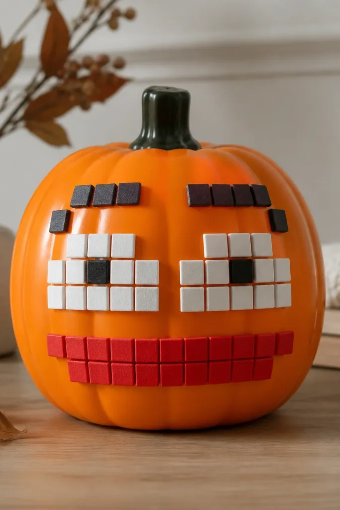 An orange plastic pumpkin covered with small square pieces of craft foam arranged like a pixelated face. The mouth is a row of red squares, the eyes are white squares with black pupils, and the eyebrows are darker foam blocks.