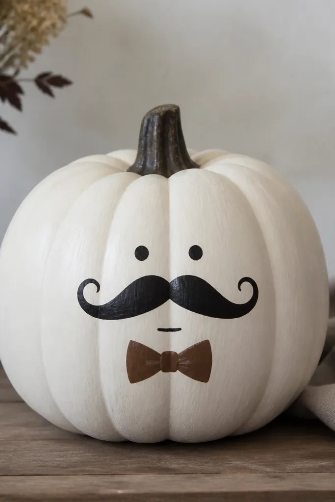 A white plastic pumpkin painted off-white with a black curled mustache and a small brown bowtie centered on the face. The eyes are two tiny black dots with a thin line for the mouth, giving a comical serious expression.