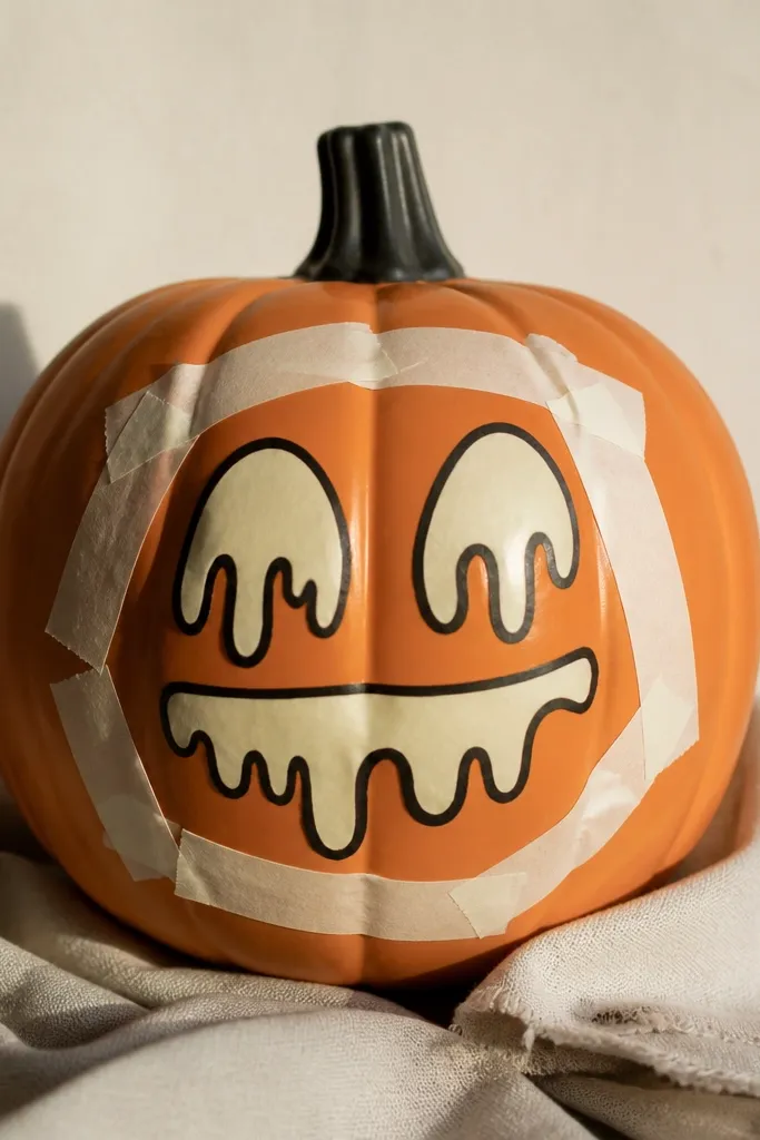 A orange plastic pumpkin with off-white tape outlines forming a face. The face has exaggerated drip shapes in pale cream, with a thick black outline around the eyes and mouth.