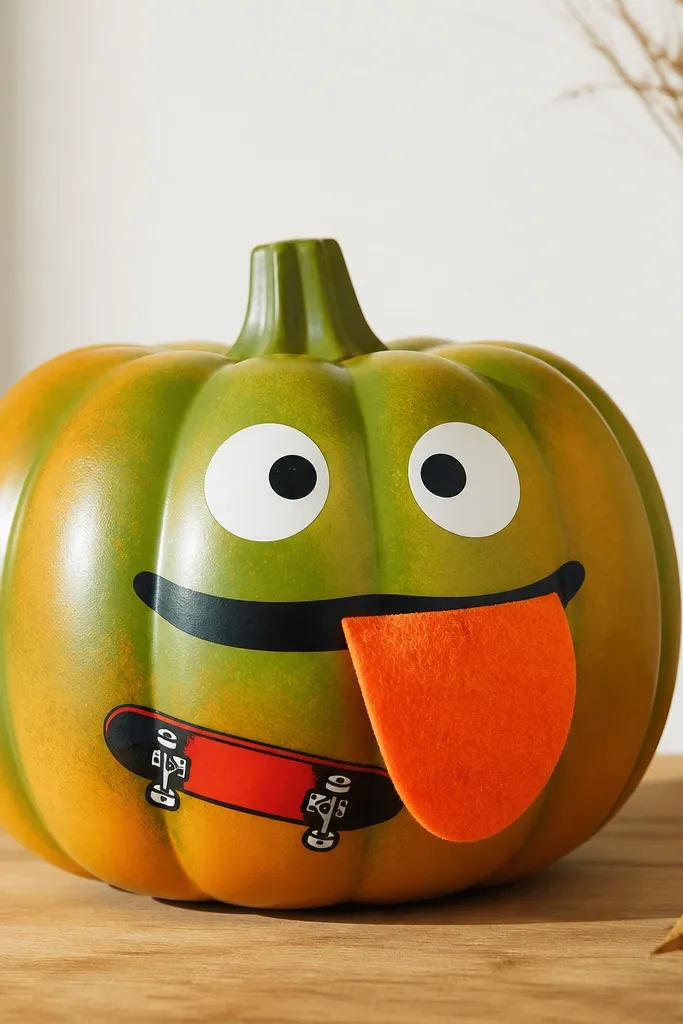 A greenish-orange plastic pumpkin with a small red-and-black skateboard graphic stuck on the front. A bright orange felt tongue hangs out under a black mouth line, and the eyes are white with black pupils.