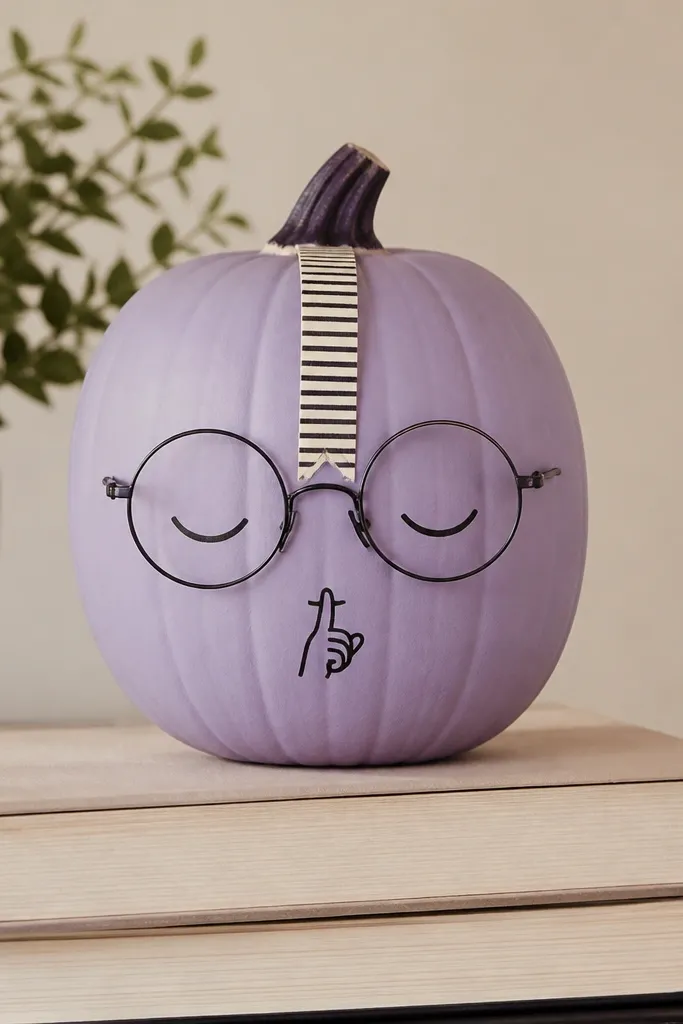 A purple plastic pumpkin painted matte lavender. Round wire-style glasses sit on the face, and a thin striped bookmark hangs down from the top like a spine label. A small "shh" style mouth is drawn in black.