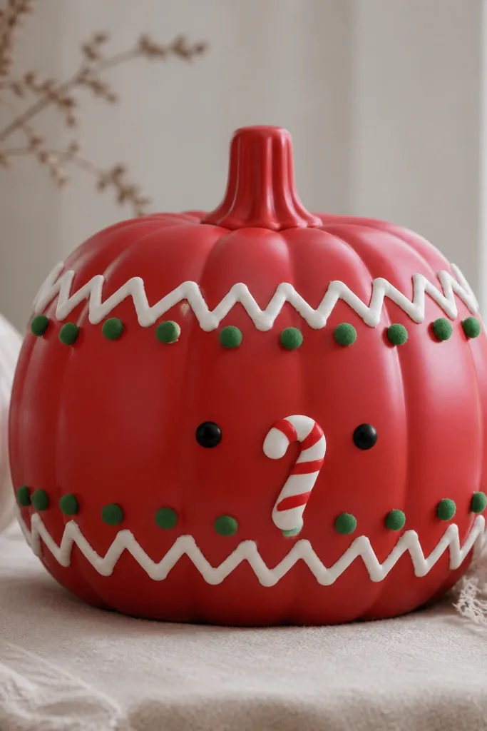 A red plastic pumpkin with a cream sweater pattern. White puff paint makes raised zigzags and a small candy-cane stripe. Tiny green felt dots look like knitted cuffs and the face has simple black dot eyes.