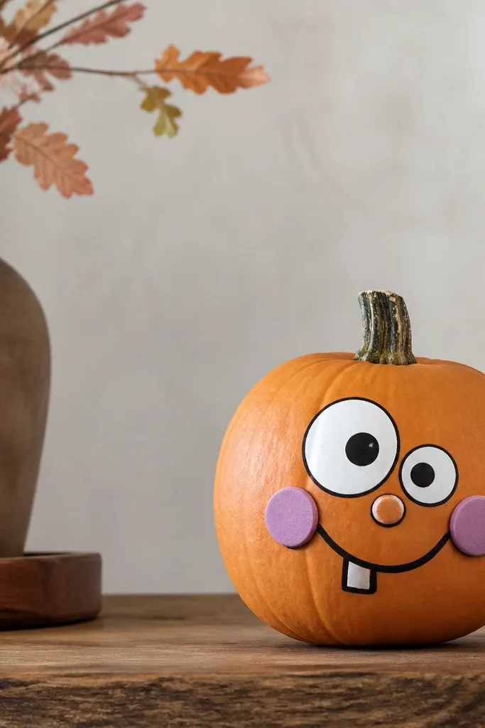 A matte orange pumpkin with a face placed off to one side. One eye is bigger, there are two round foam cheeks, and a crooked smile sits under a thick black outline.