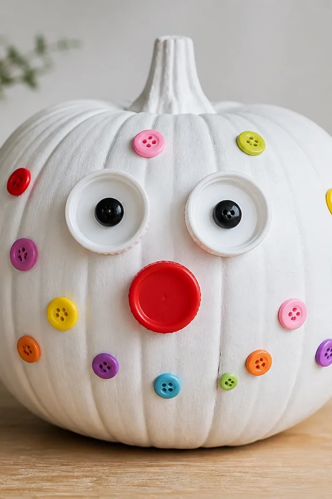 A bright orange plastic pumpkin painted white. Two bottle caps are glued as eyes with black pupils in the center, and a red bottle cap nose sits in the middle. There are small colorful buttons around the face.