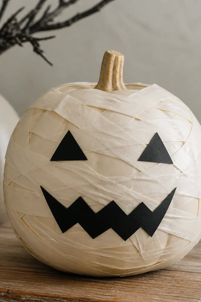 A beige plastic pumpkin wrapped in strips of off-white vinyl tape like bandages. A face is cut from black vinyl and glued on: triangular eyes and a jagged grin. The tape strips overlap in messy layers.