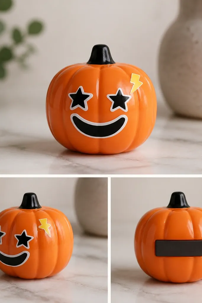 A small orange plastic pumpkin with a flat, glossy "sticker" style face. The accessories - a smiley mouth, star stickers, and a mini lightning bolt - look like decals. The pumpkin has a thin magnetic strip on the back (shown by a small label area).