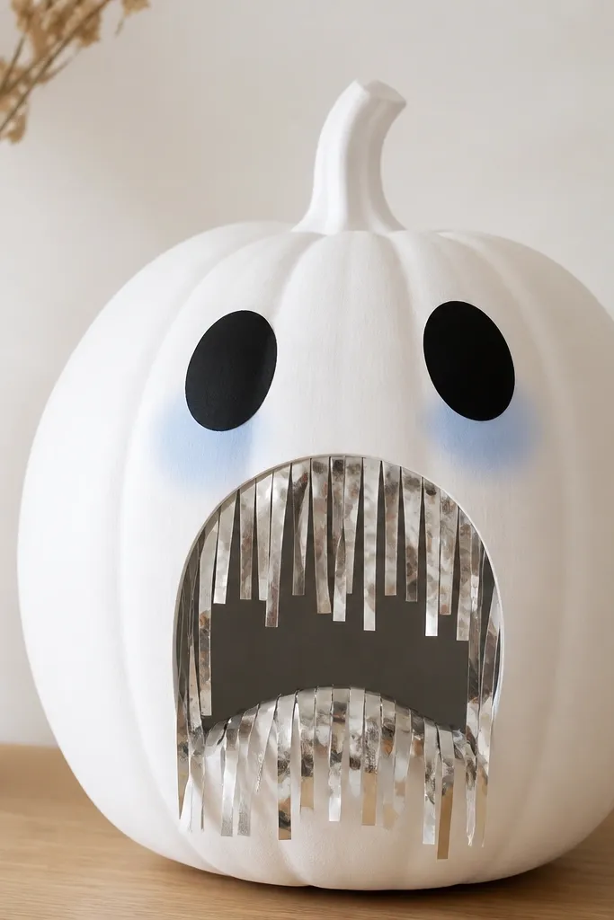 A white plastic pumpkin with a ghost mouth cut-out. Silver foil fringe hangs around the mouth like teeth and hair. The eyes are simple black ovals, and the cheeks have faint blue shading.