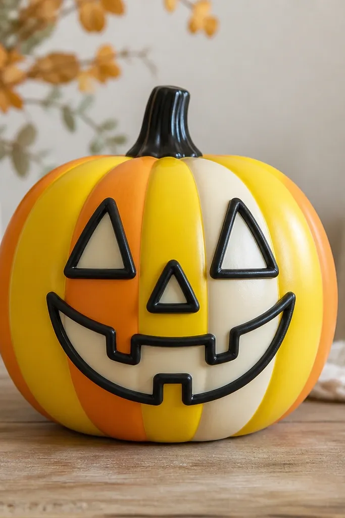 A plastic pumpkin painted in vertical candy corn stripes: yellow, orange, and cream. A face sits centered with thick black licorice-like outlines around eyes and a wide grin.