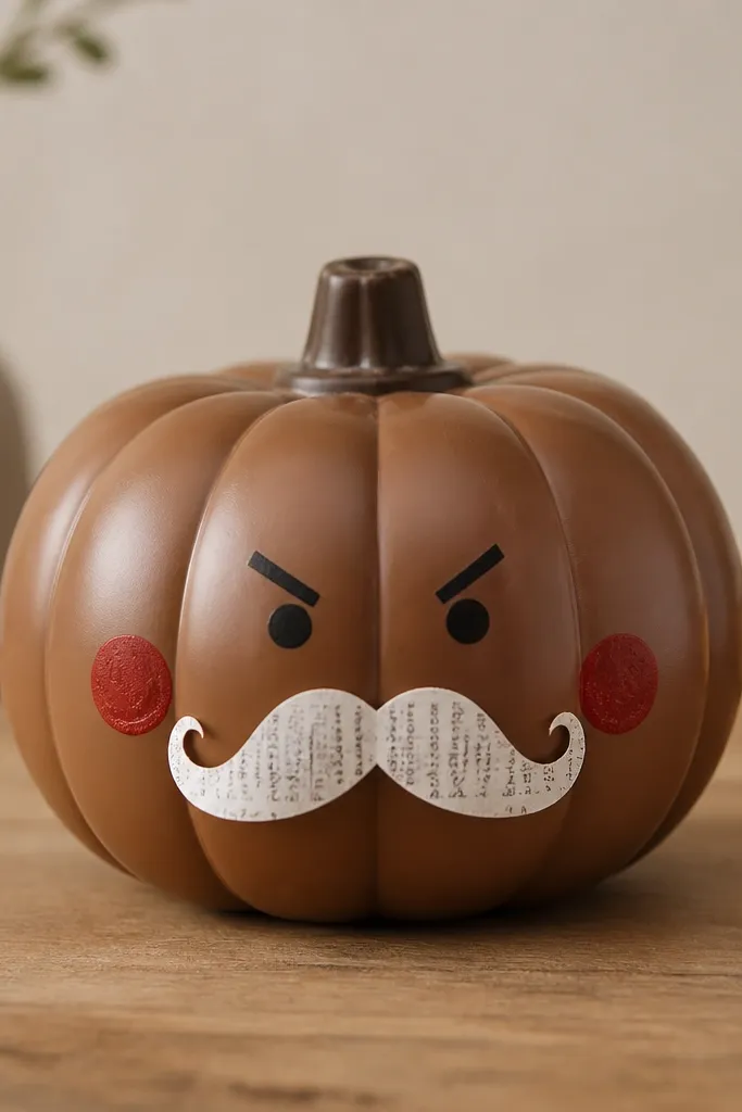 A brown plastic pumpkin with a paper receipt mustache glued on. A red stamp-like mark sits on each cheek, and the eyes are tiny black circles with angry brows.