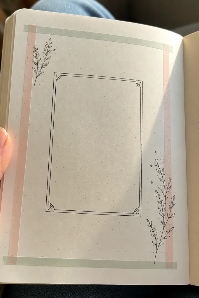 Cream page with thin washi tape frame and a centered ink quote box