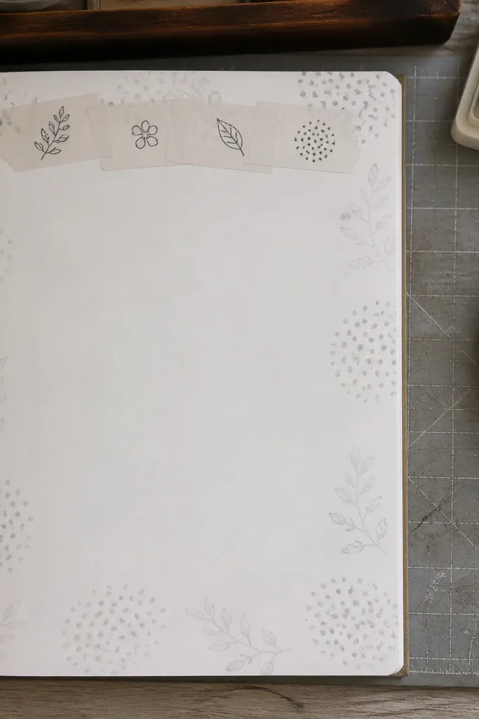 Light stamped dots behind a page with translucent label boxes at the top