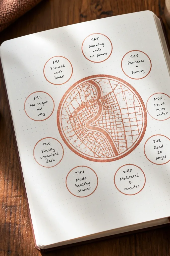 A ring of small circles around a date with short notes inside each circle