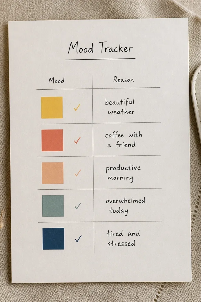 Two columns of colored squares with mood labels in black ink