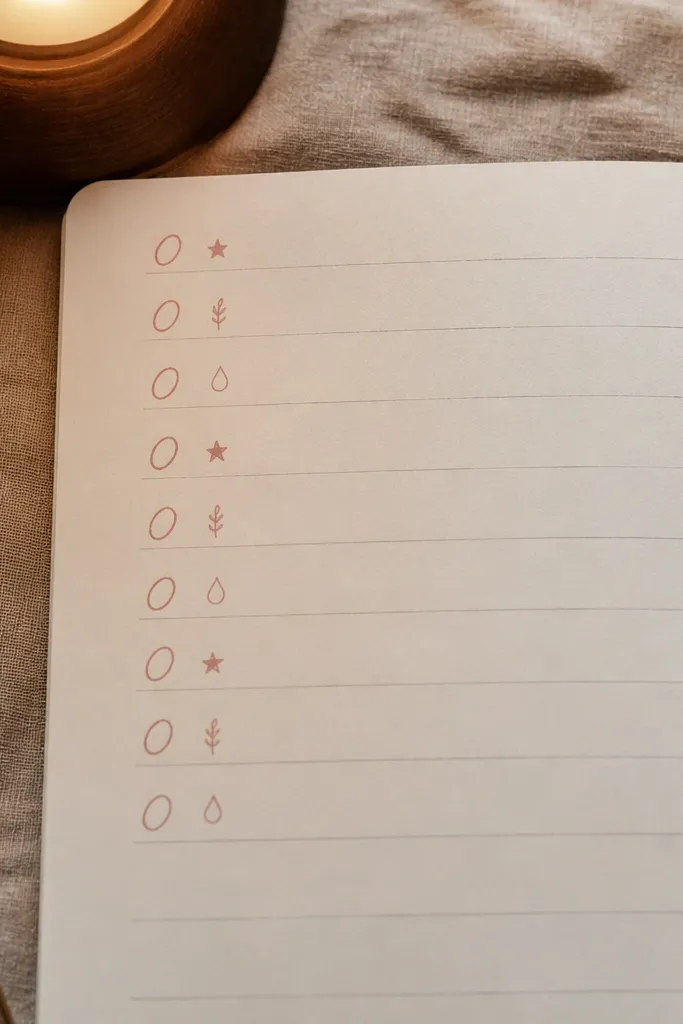 Checklist with oval bullets and tiny icons next to each line