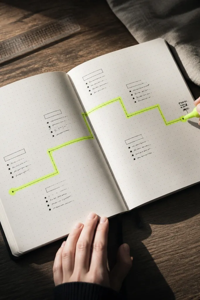 Light dot grid page with one highlighted zigzag path across it