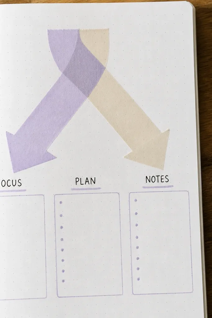 Layered washi tape arrow pointing to labeled sections on a notebook page