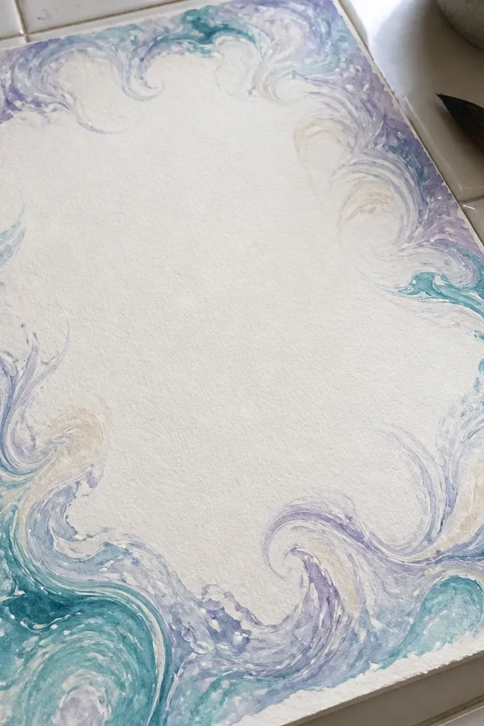 Soft marbled wash border along the page edge with clean center writing